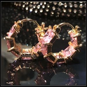 New gold & pink 8g square cut princess simulated diamond chunky huggie earrings